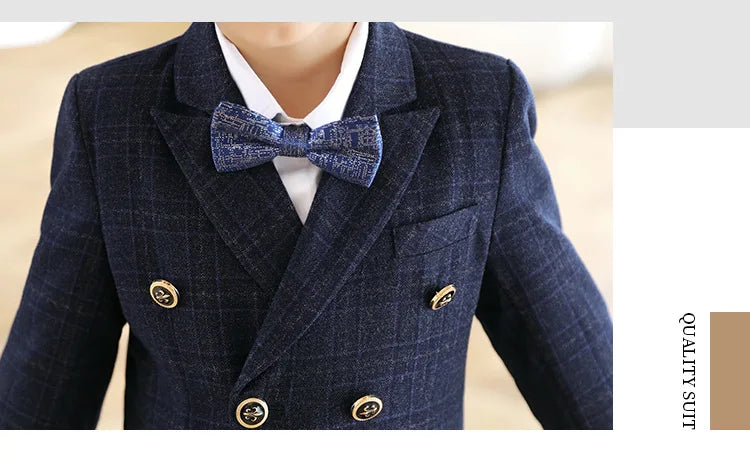 kids Gray Plaid Suit Set Flower Boys Wedding Outfit Children's 4Pieces Formal Wear With Jacket Vest Pants Bowtie