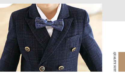 kids Gray Plaid Suit Set Flower Boys Wedding Outfit Children's 4Pieces Formal Wear With Jacket Vest Pants Bowtie