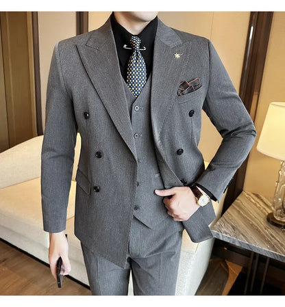 (Jackets+Pants) Luxury Double Breasted Design Slim Fit Suit High Quality Fashion Men's Wedding Social Suit Tuxedo 2 Piece Set