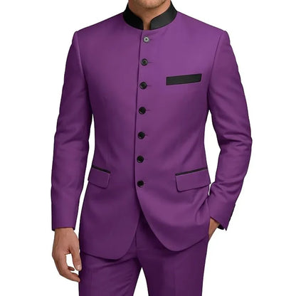 Men's 2-Piece Serge Suit Mandarin Collar Slim Fit Formal Set for Weddings and Business