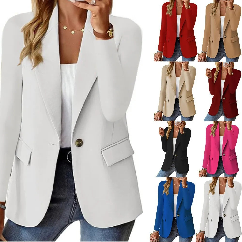 Women's Solid Color Single Button Blazer Autumn Long Sleeve Lapel Office Jacket Slim Fit Casual Workwear with Front Pockets