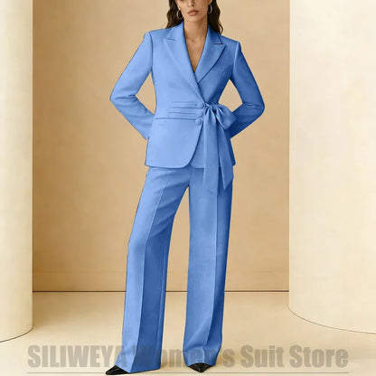 Women's Suit 2 Piece Bow Belt Design Formal Outfit for Wedding Party Prom Office Fashion Peak Lapel Daily Casual Lady Suits