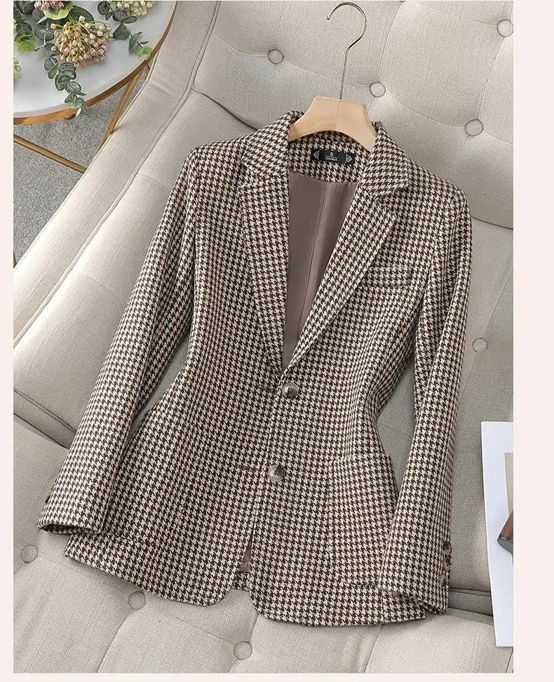 Women Office Ladies Single Breasted Slim Blazer Coat Autumn Winter Fashion Plaid Temperament Long Sleeved Elegant Tops Vacation