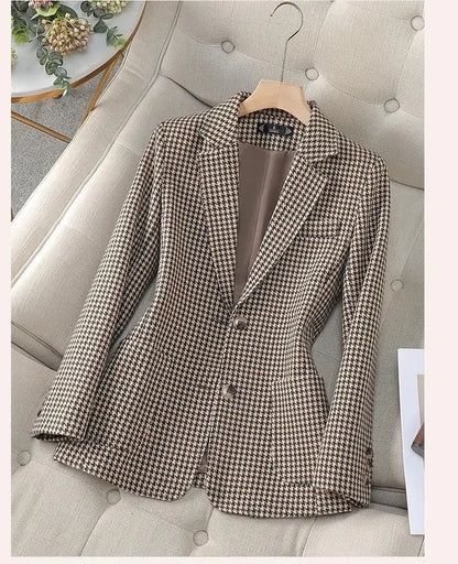 Women Office Ladies Single Breasted Slim Blazer Coat Autumn Winter Fashion Plaid Temperament Long Sleeved Elegant Tops Vacation