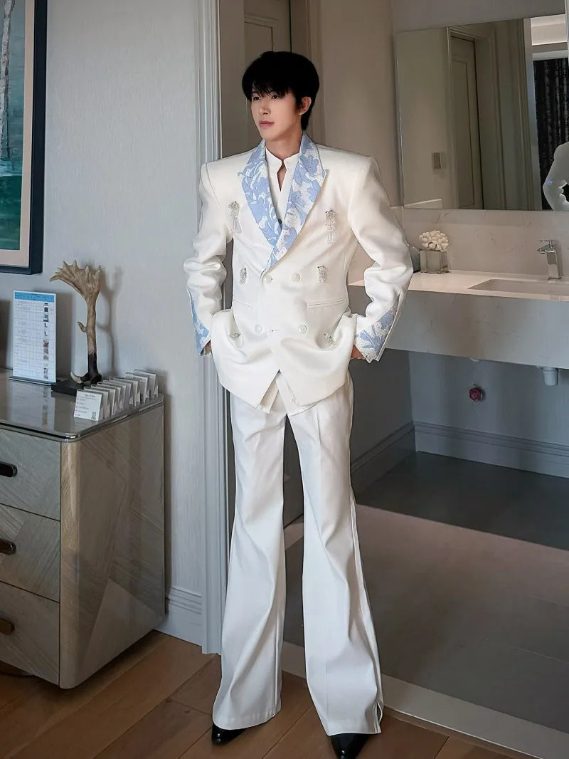 Business Men Work Suit Diamond Tassel Flower Collar Double Breasted Blazer Pants Three Piece Set Loose Fit Gown Dress Suit Sets