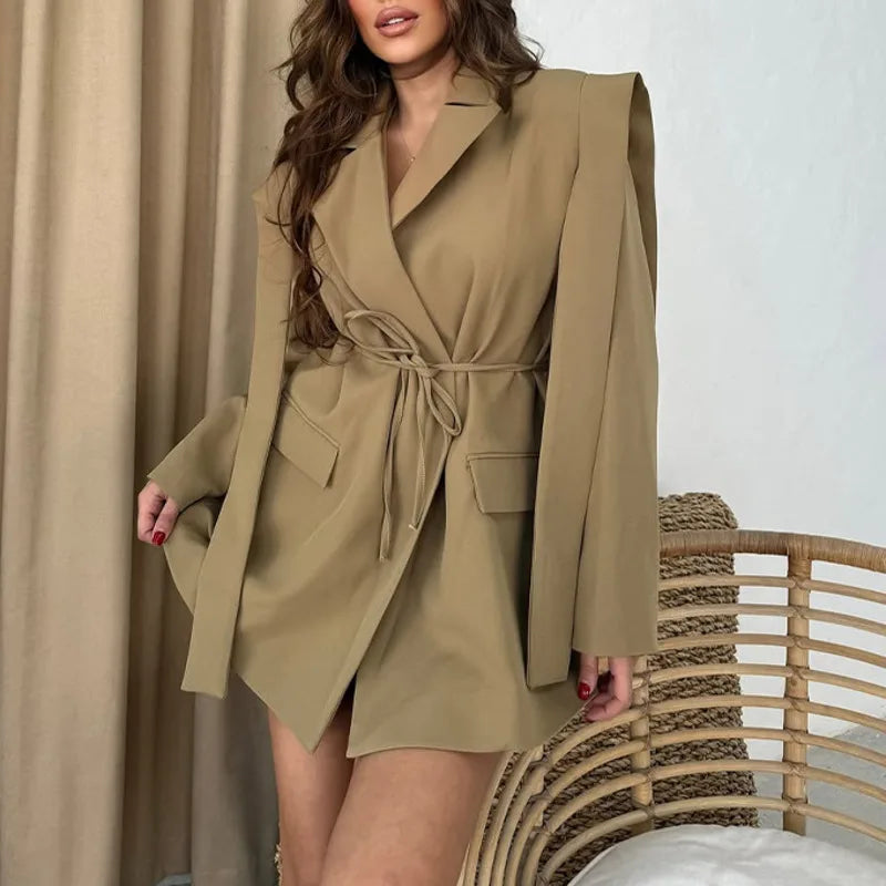 Spring Autumn New Women Blazer Turn-down Collar Long Sleeve Lace-up Waist Cinching Elegant Fashion Office Lady Coat HK16723