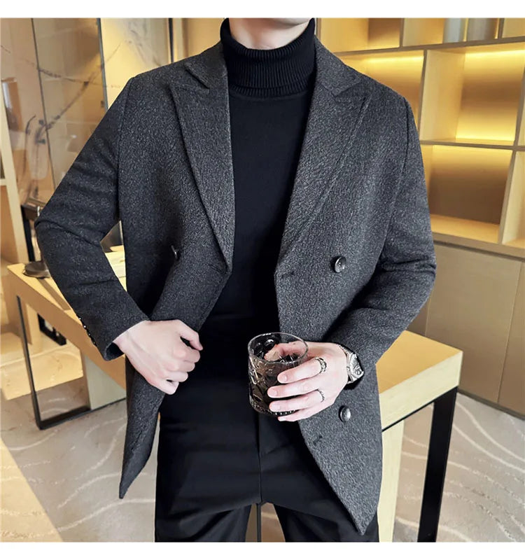British Style Winter Double Breasted Woolen Suit Jackets Men Thick Warm Wedding Business Blazers Solid Color Casual Dress Coat