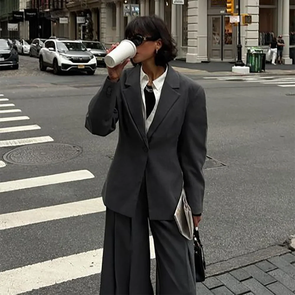 New Designer Women's Suit Jacket Pants Notched Lapel Chic Single Button Daily Casual Female Clothing Formal Two Piece Outfit
