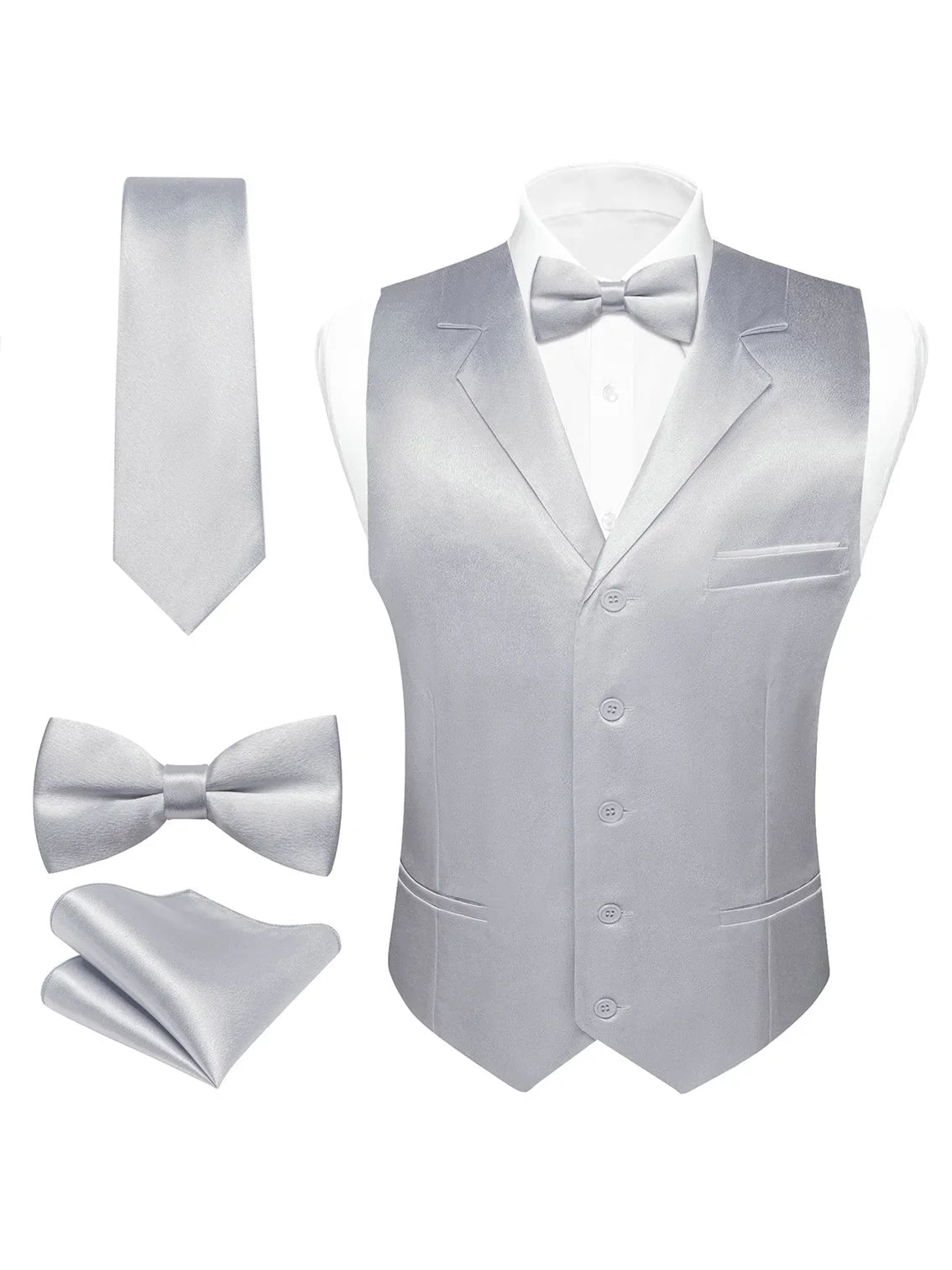 Men's Satin Vest Set with Tie, Bowtie & Pocket Square – Slim Fit for Weddings & Formal Occasions