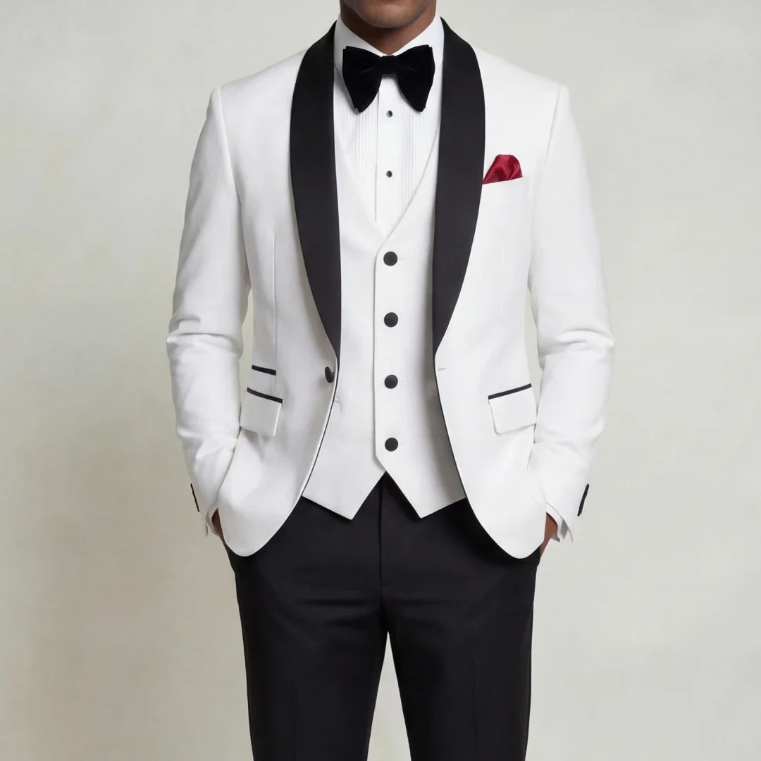 Men Suit 3 Pieces Beige With Black Lapel Slim For Wedding Groom Business Party Prom Banquet Work Office Jacket Vest And Pants