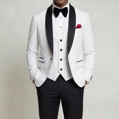 Men Suit 3 Pieces Beige With Black Lapel Slim For Wedding Groom Business Party Prom Banquet Work Office Jacket Vest And Pants