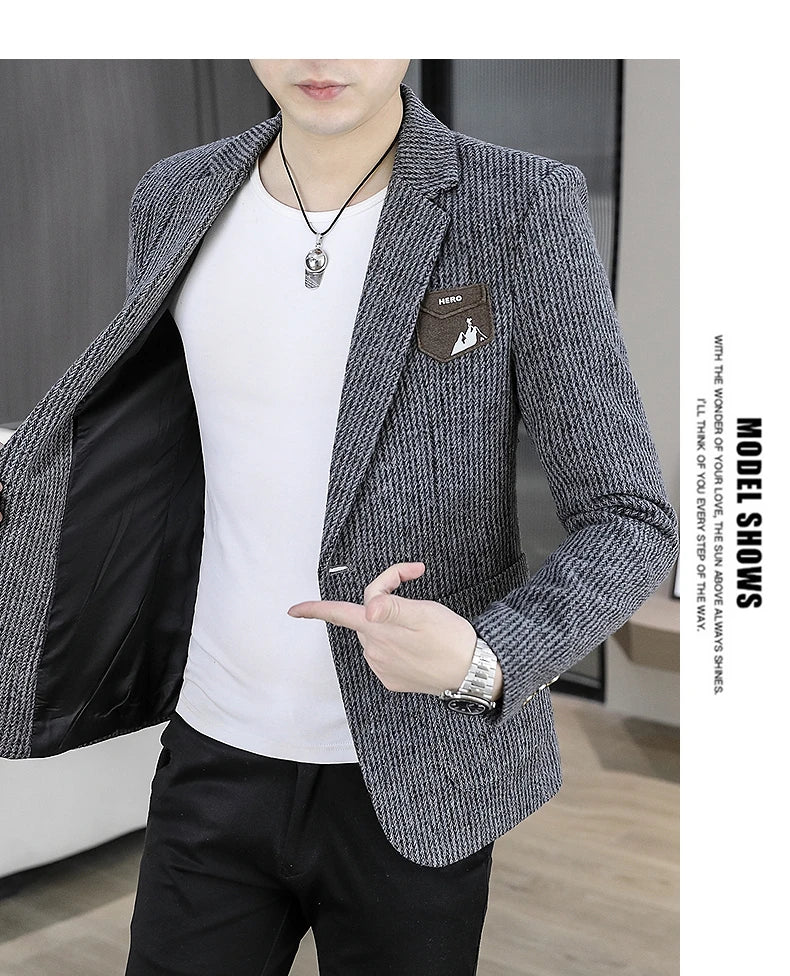 2025 Autumn Men's Casual Suit Jacket Fashion Slim Fit Striped Blazers Streetwear Social Business Versatile Formal Dress Coats