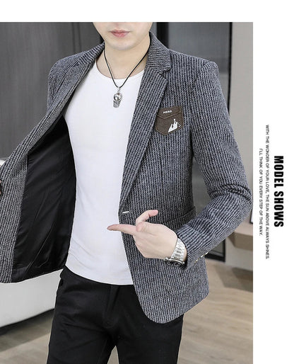 2025 Autumn Men's Casual Suit Jacket Fashion Slim Fit Striped Blazers Streetwear Social Business Versatile Formal Dress Coats