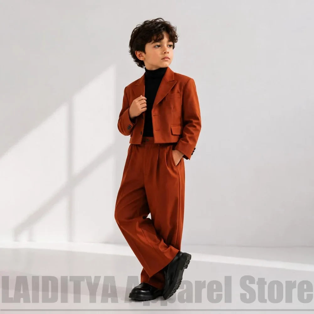 Kids Boys Retro Cropped Suit 2 Piece Blazer Wide Leg Trousers Outfit For Wedding Birthday Party Stage Show Casual Formal Tuxedo