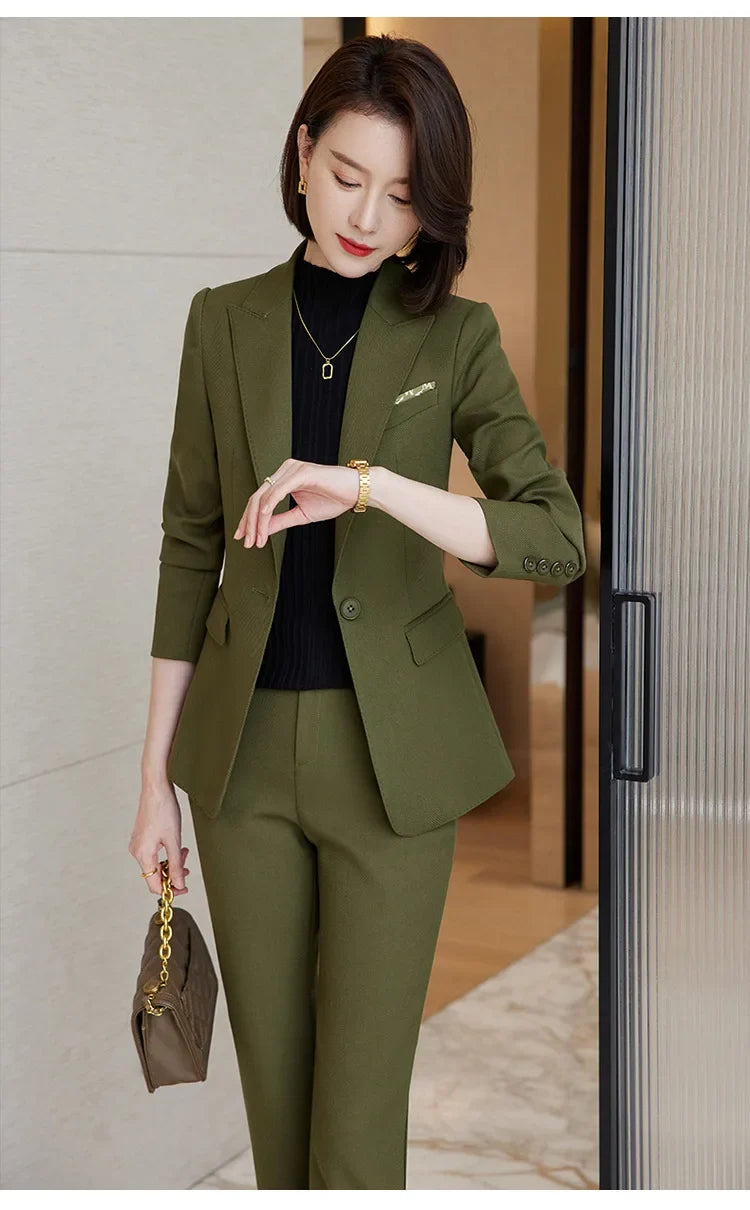 Ladies Blazer And Pant Suit Formal Army Green Khaki Gray Black Solid Women Jacket Trouser Female Business Work Wear 2 Piece Set