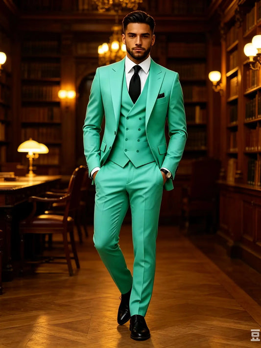 Slim Fit Green Business Mens Suits with Peaked Lapel Wedding Tuxedo Fashion Groom Outfit Jacket Vest Pants Set for Prom Party