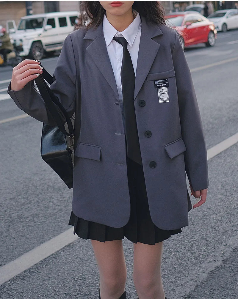 Retro ey ular Women's Suit Loose Hong Kong Sle Faionable Korean Version Spring Autumn New Arrival Polyester Fabric