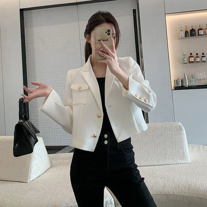 Women's New Petite Short White Suit Jacket Blazer Premium Casual Solid Color Spring Autumn Korean Style Elegant Temperament