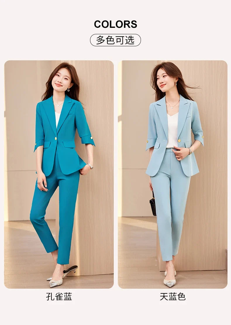 Fashionable professional women's wear, mid-sleeve suit jacket + pant. Exquisite elegant, new style for spring summer 2026