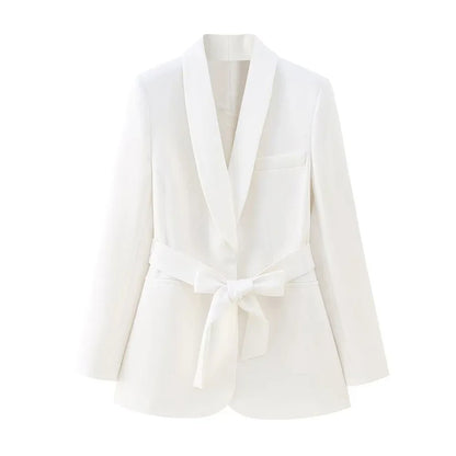 Elegant Shawl Lapel Women Suits Two Piece Summer Long Sleeves No Buttons Tuxedo Slim Casual Daily Pants Sets (Blazer+Pants)