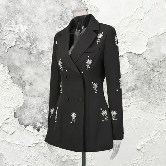 Spring Autumn New Women Blazer Studded Diamonds Double Breasted Waist-Cinching Slim Fit Elegant Fashion Luxury Coat HK17095