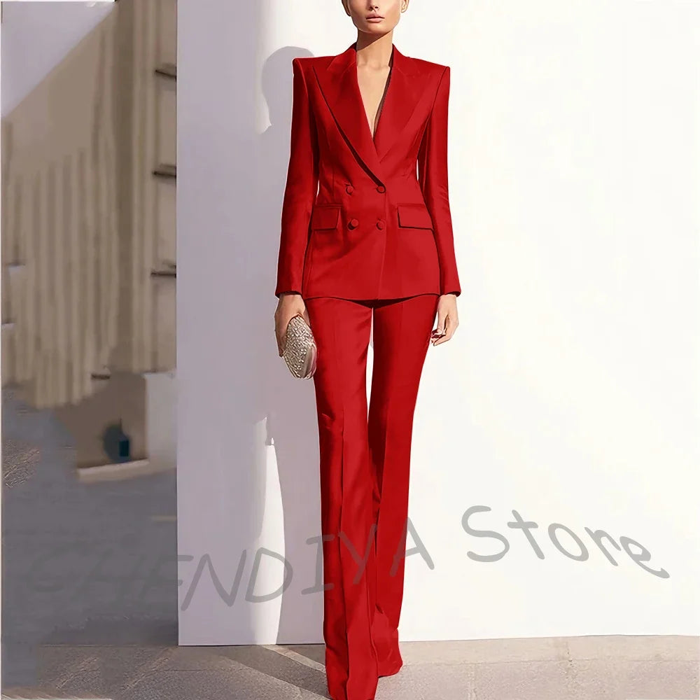 Luxury Satin Women Pants Suit Tailored Business Attire Dusty Rose 2 Piece Peak Lapel Straight Formal Outfit Daily Office Set