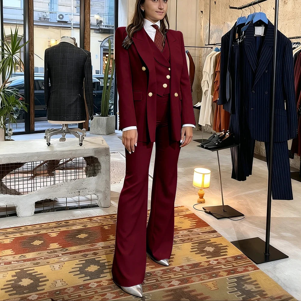 Elegant Women's Pink Double Breasted 3Piece Suit Autumn New Blazer+Vest+Pant Sets Formal Office Evening Party Outerwears