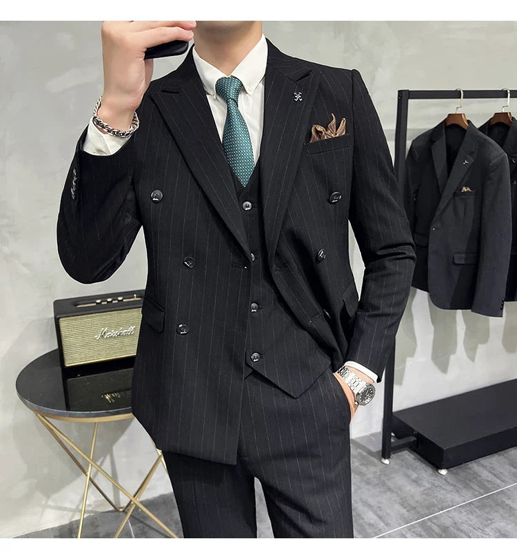 2025 High-quality Korean Version Slim-fit Business (Suit + Vest + Trousers) Striped Double-breasted Suit Three-piece Set
