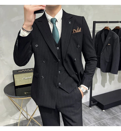 2025 High-quality Korean Version Slim-fit Business (Suit + Vest + Trousers) Striped Double-breasted Suit Three-piece Set