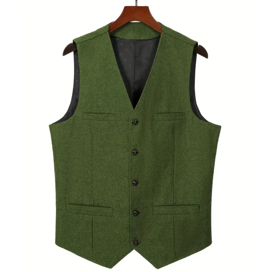 Men's Herringbone Suit Vest – V-Neck Single Button Waistcoat for Weddings, Business & Smart Casual Wear