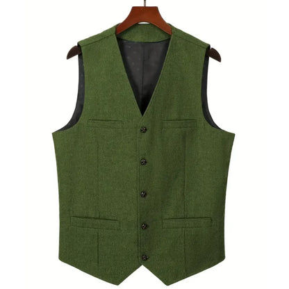 Men's Herringbone Suit Vest – V-Neck Single Button Waistcoat for Weddings, Business & Smart Casual Wear
