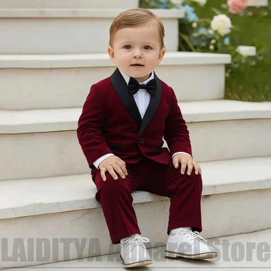 Baby Boys Velvet Suit Chic Satin Lapel Single Button Blazer Pants Infant Outfit Wedding Birthday Party Formal Tuxedo 2 Piece