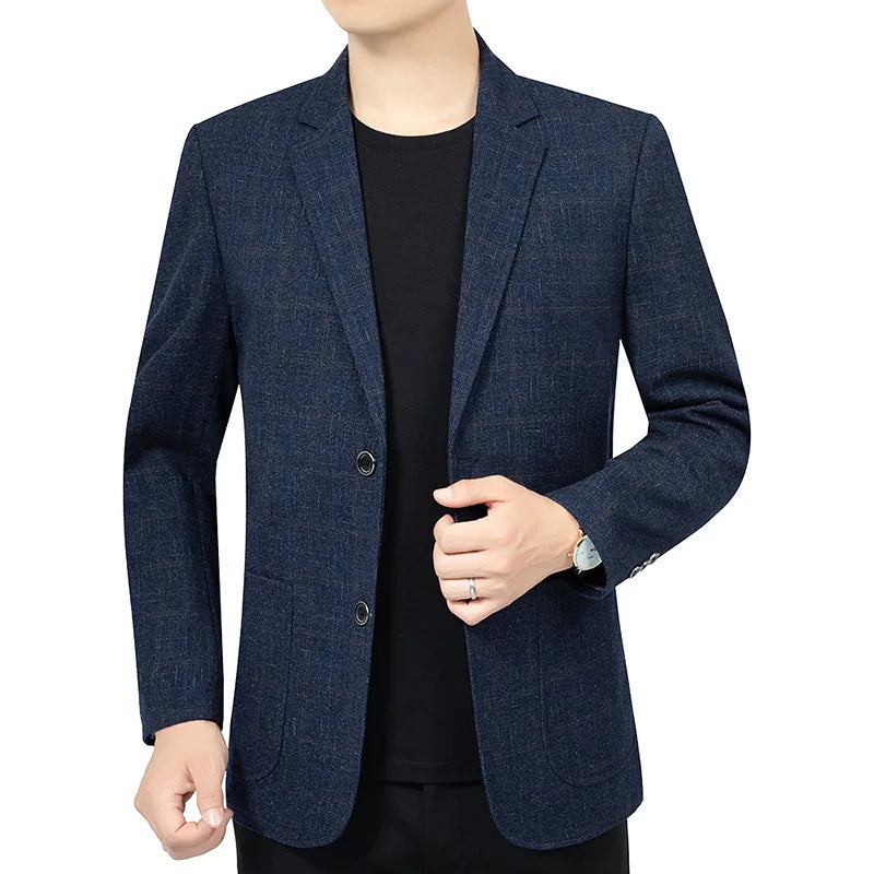 KIDWHXR Spring Autumn Men Suit Coat Fashion Plaid Turn Down Collar Man Blazer Non-ironing Business Casual Mlae Slim Jacket