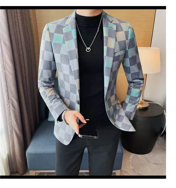 British Style Luxury Plaid Suit Jacket 2025 Spring New Men High-end Business Slim Blazers Groom Wedding Social Party Dress Coats