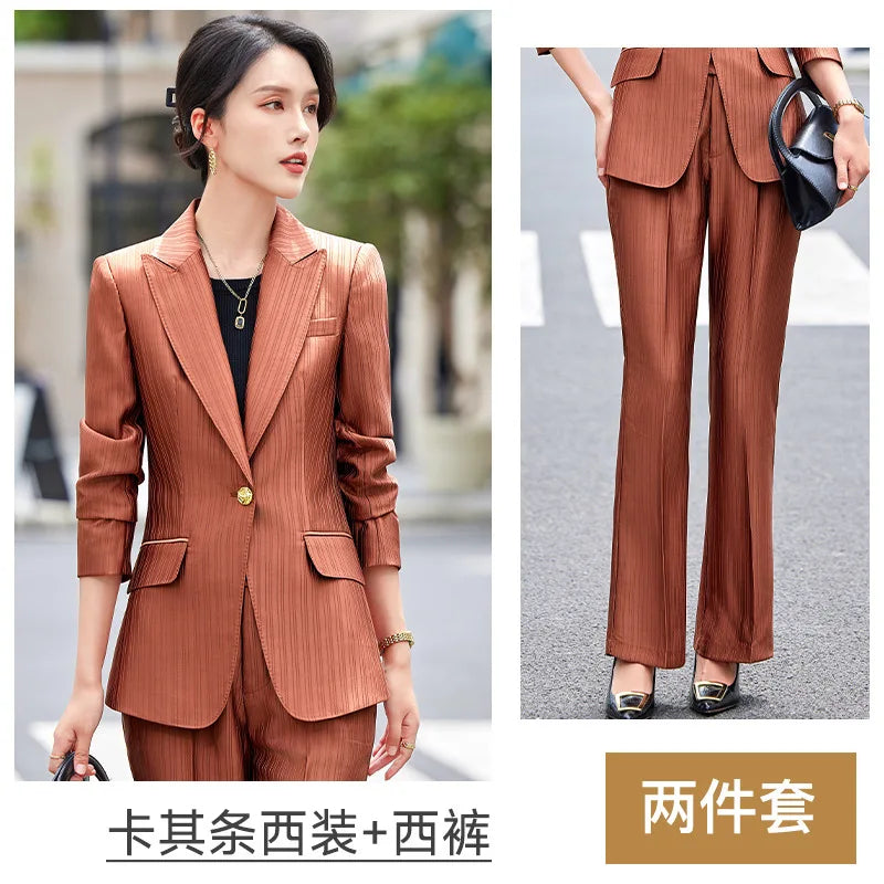 Professional Women's Suit2024New Autumn Green Striped Acetate Suit Workwear Elegant High-end Workplace Formal Wear