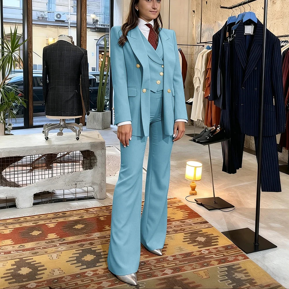 Elegant Women's Pink Double Breasted 3Piece Suit Autumn New Blazer+Vest+Pant Sets Formal Office Evening Party Outerwears