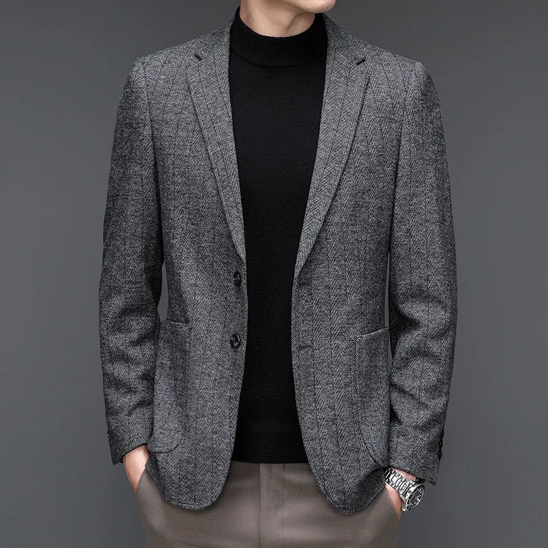 KIDWHXR Man Suit Coat Non-ironing Striped Turn Down Collar Male Outerwear Slim Long Sleeve Pocket Business Casual Men Blazer
