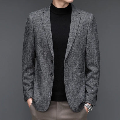 KIDWHXR Man Suit Coat Non-ironing Striped Turn Down Collar Male Outerwear Slim Long Sleeve Pocket Business Casual Men Blazer