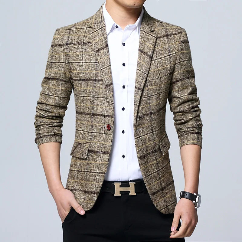 New Men's Blazers Spring Autumn Outerwear Classic British Plaid Suit Jacket Men Clothing Slim Business Casual Blazer Coat 5XL