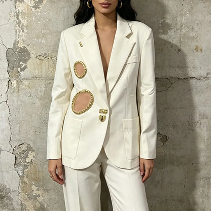 Women Blazer Elegant Fashion Metal Hollow Out Design Long Sleeve Loose Versatile Trendy Suit-Coat Spring Autumn New HK26606