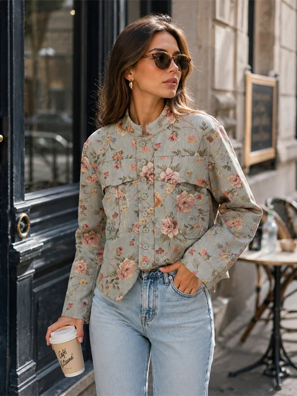 Elegant Chic Jacquard Blazers for Women New Spring & Autumn Raised Collar Buttoned Blazers with Asymmetric Hem and Patch Pockets