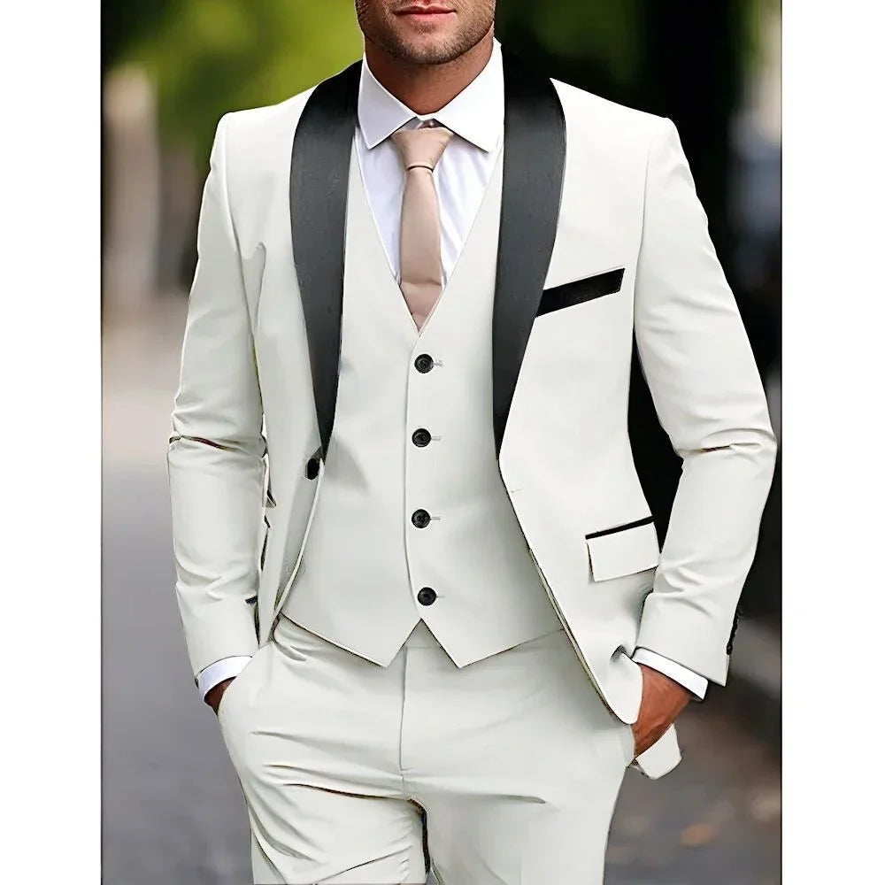 Classic Fitted Men's 3-Pieces Tuxedo Smoking Suit with Unique Lapel Single Breasted Blazer Vest Pant Set