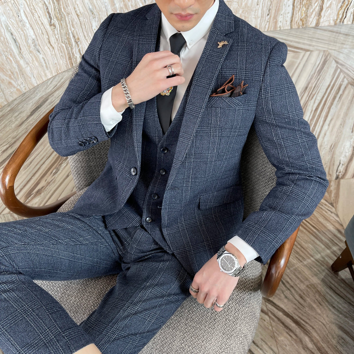 Ensemble costume trois pièces à carreaux modifié de haute qualité de style coréen britannique pour hommes - Gilet et pantalon de costume décontracté élégant