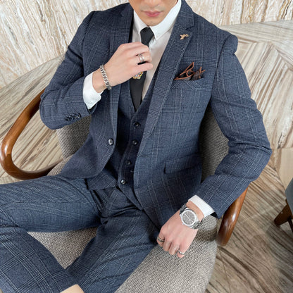 Ensemble costume trois pièces à carreaux modifié de haute qualité de style coréen britannique pour hommes - Gilet et pantalon de costume décontracté élégant