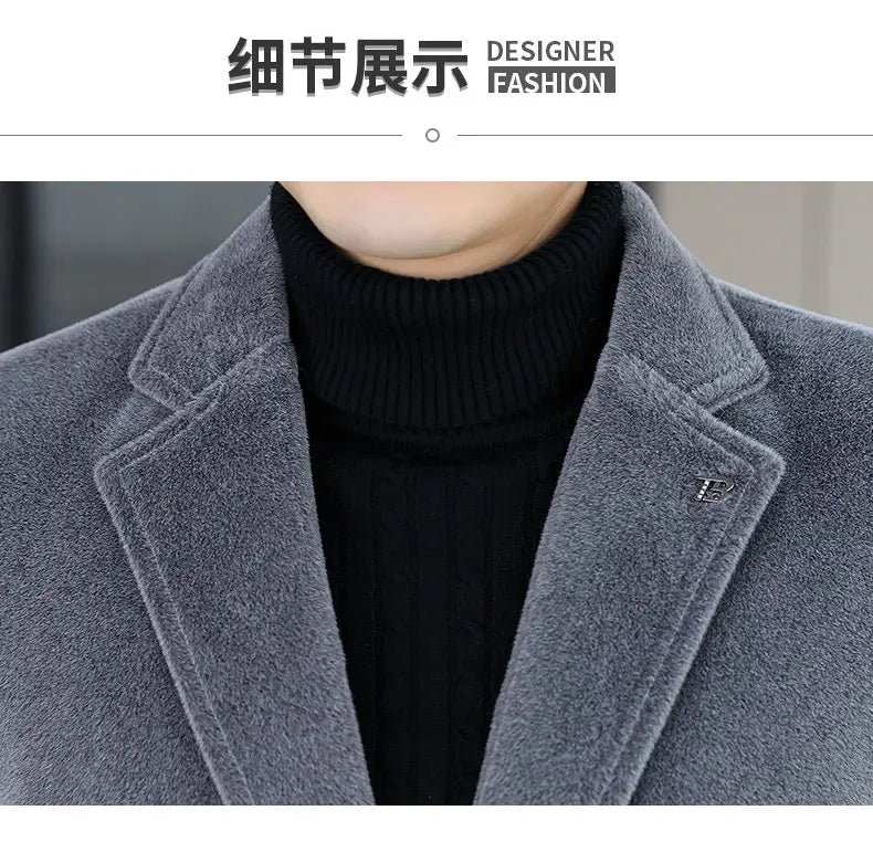 High-quality winter new style mid-length solid color men's fashionable and cool golden mink woolen trench coat with cotton