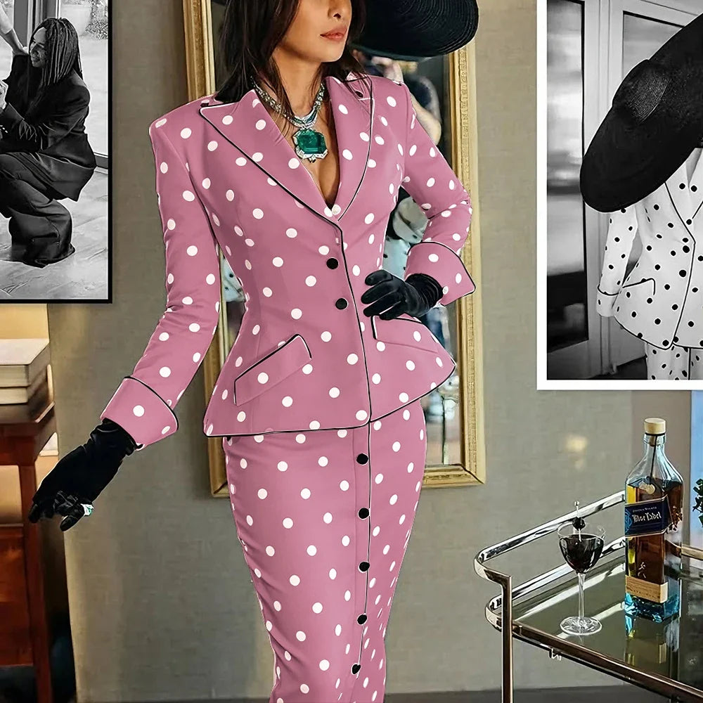 Elegant Polka Dot Woman Clothes Professional Two Piece (Jacket+Skirt) Set for Retro Formal Party Cocktail Evening Streetwear