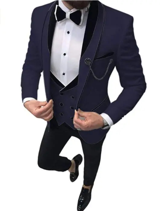 Custom Made Navy Blue Wedding Suits For Men Slim Fit Prom Party Suits Groom Tuxedos 3 Pieces Formal Men Suits Jacket+Pants+Vest