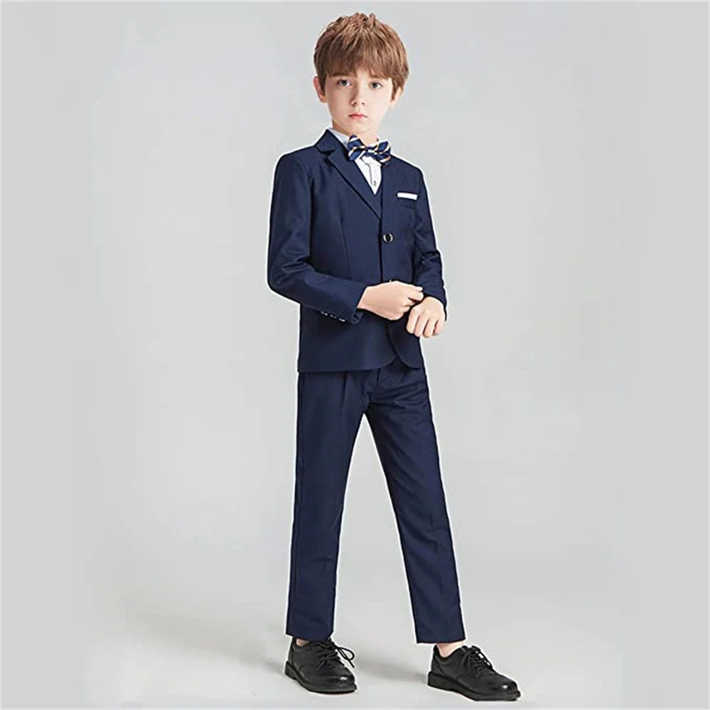 Boys Suit Set 4-Piece Formal Tuxedo with Adjustable Waist for Kids Weddings and Events