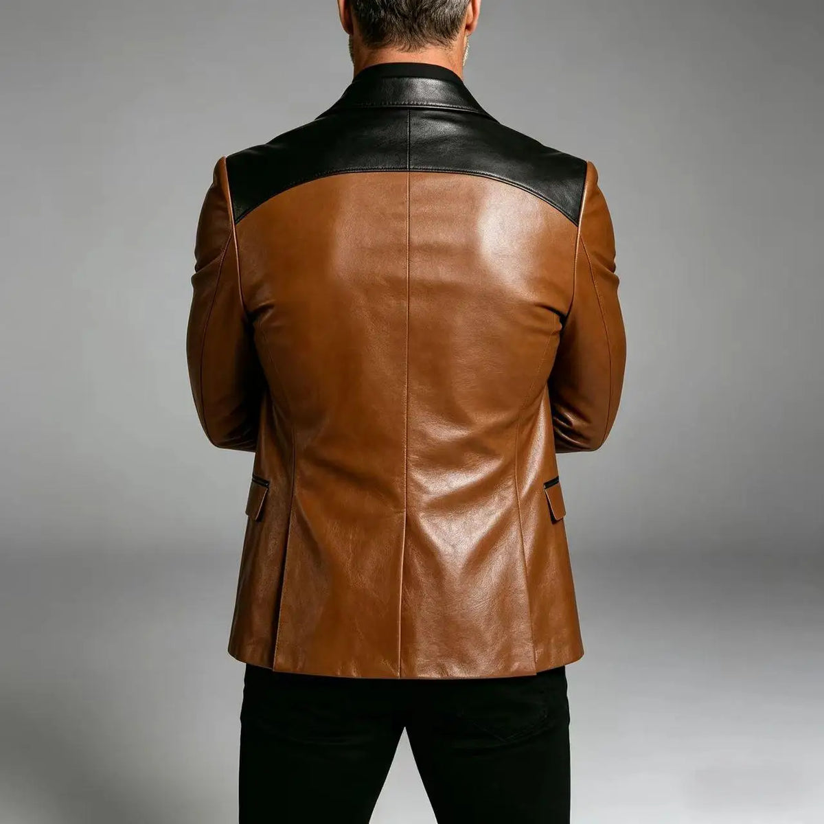 Men's PU Leather Blazer Patchwork Double Breasted Flap Pockets Notched Lapel Slim Fit Business Casual Suit Jacket Male Outerwear