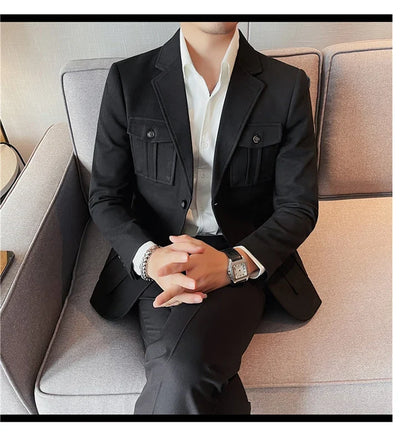 Winter Woolen Suit Jacket for Men Multiple Pockets Slim Fit Casual Business Blazers Masculino Wedding Streetwear Social Coats